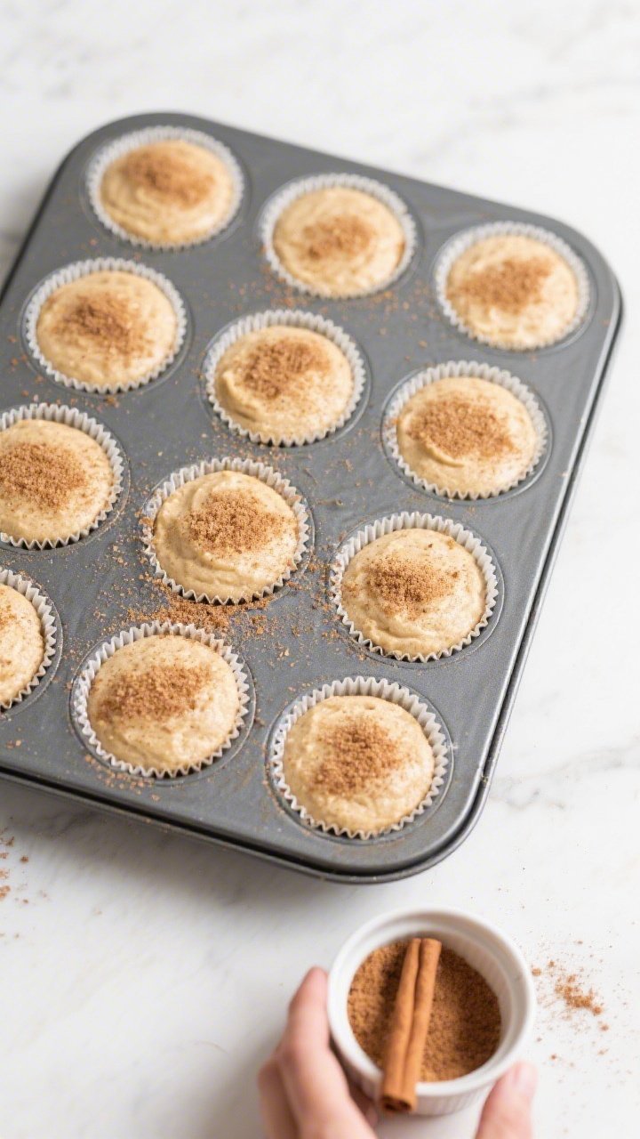 Overhead “tasty top view” of 12 lined cupcakes in a muffin tin, each filled 3/4 full and sprinkl