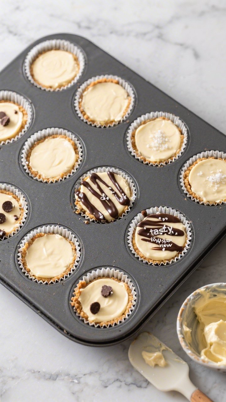 Overhead “tasty top view” of a 12-cup mini muffin pan lined with papers, each cup filled with th
