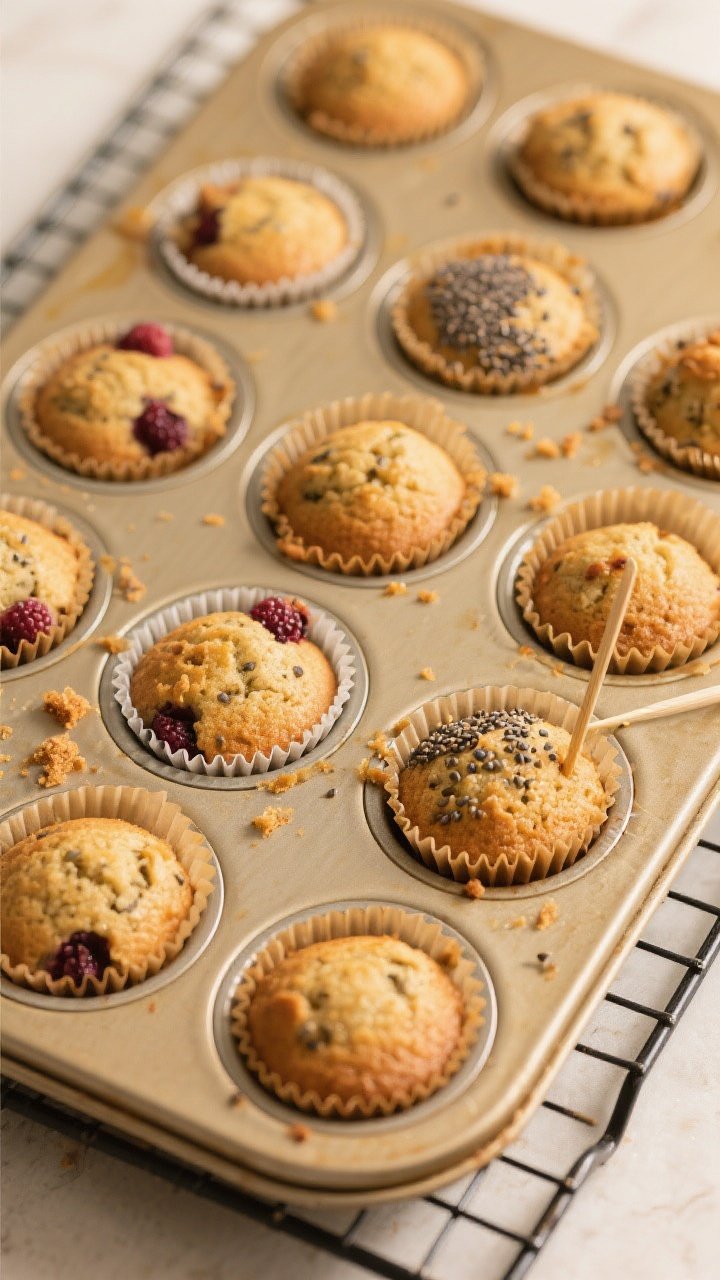 Overhead “tasty top view” of a 12-cup muffin tin just out of the oven on a cooling rack, each li