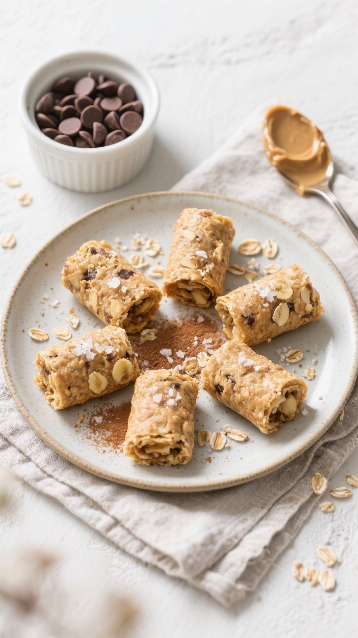 Overhead “tasty top view” of a final serving: a small ceramic plate with 5–6 uniformly rolled