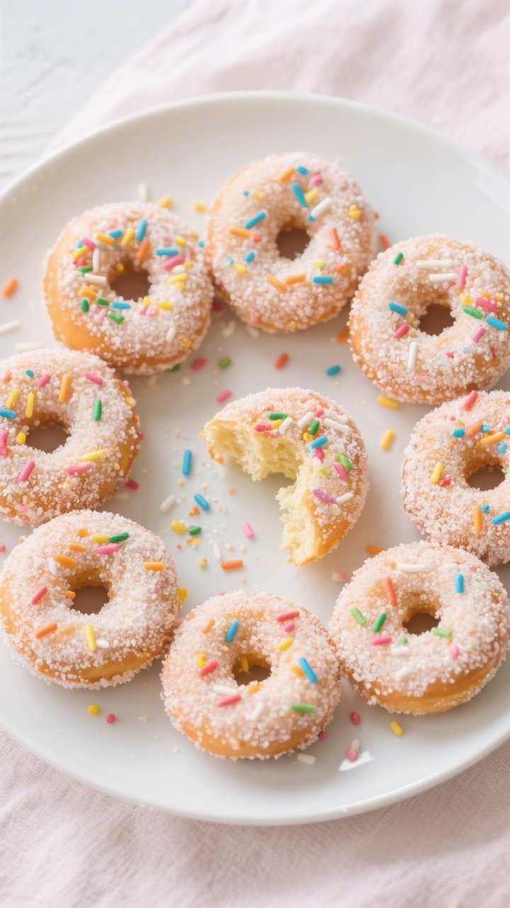 Overhead “tasty top view” of a platter of finished sprinkle-studded sugar donuts arranged in a l