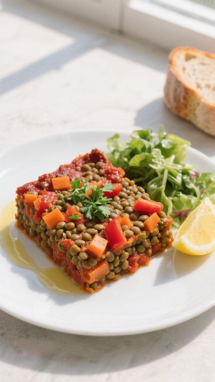 Overhead “tasty top view” of a single plated serving of High Protein Smoky Paprika Lentil Bake: