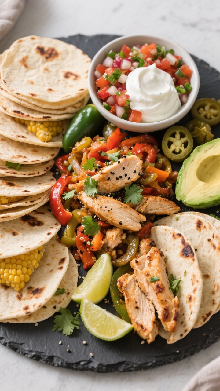 Overhead “tasty top view” of build-your-own baked chicken fajita spread: warm flour and corn tor