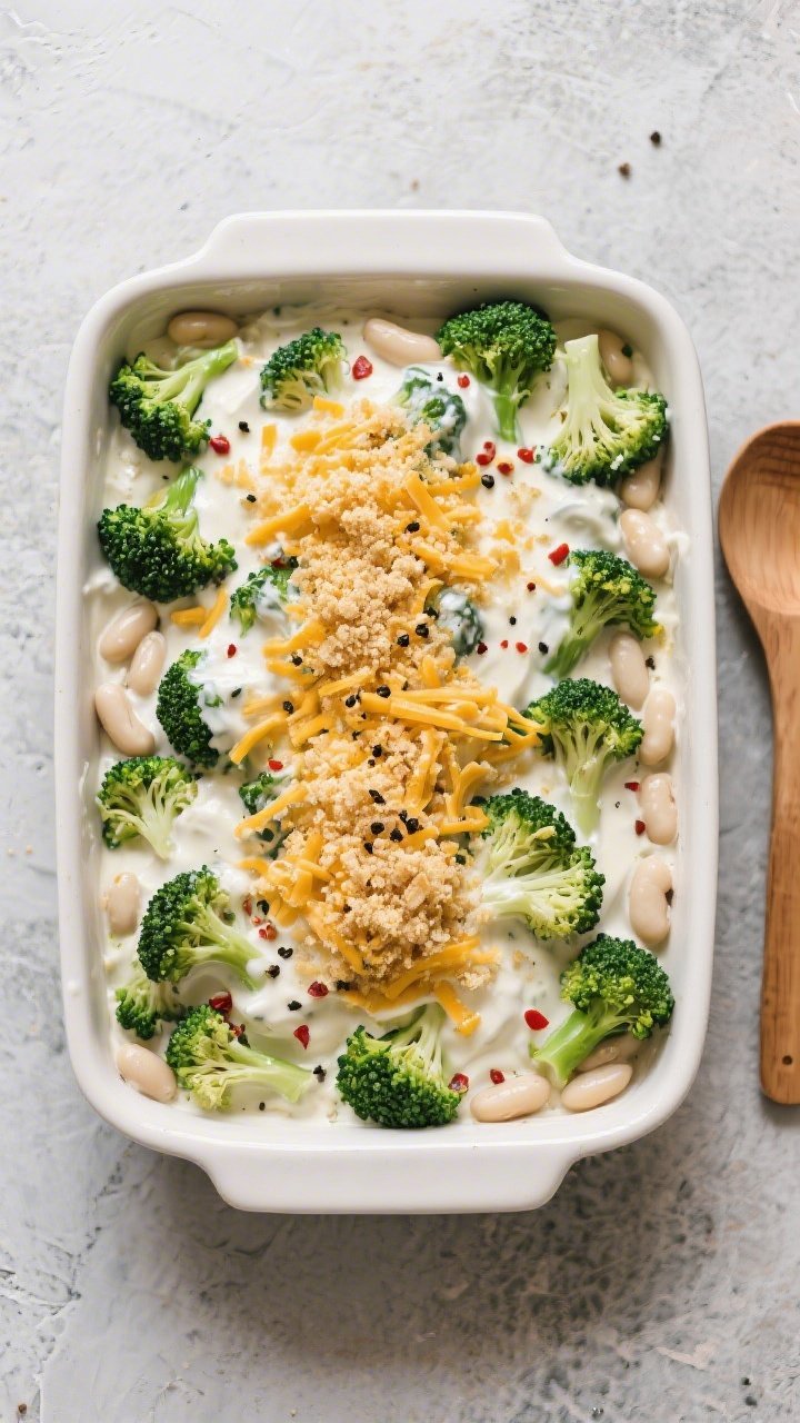 Overhead “tasty top view” of the assembled casserole in a 9x13 dish mid-process: the creamy Dijo