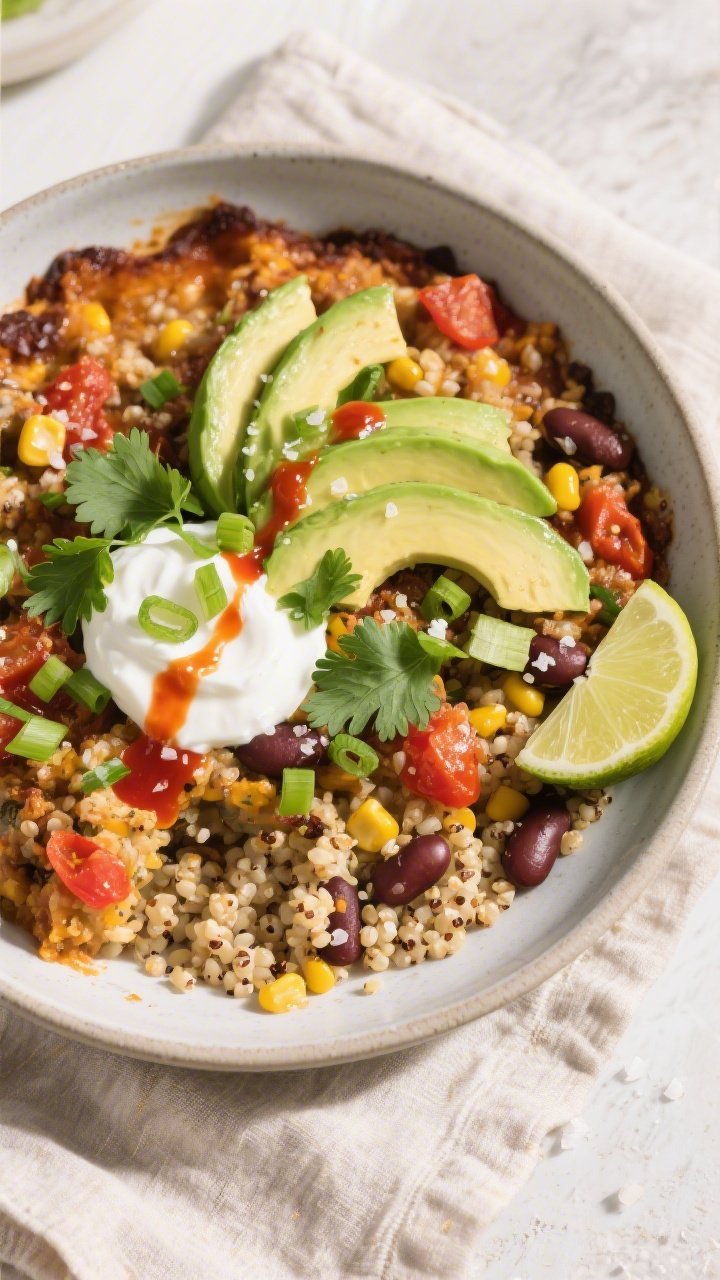 Overhead “tasty top view” of the finished bake portioned into a shallow bowl, topped with fanned