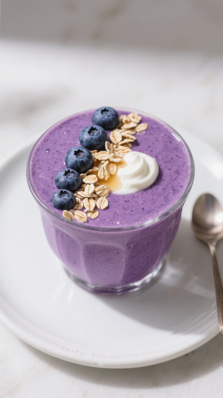 Overhead “tasty top view” of the finished High-Fiber Blueberry Oat Smoothie in a wide-mouth glas