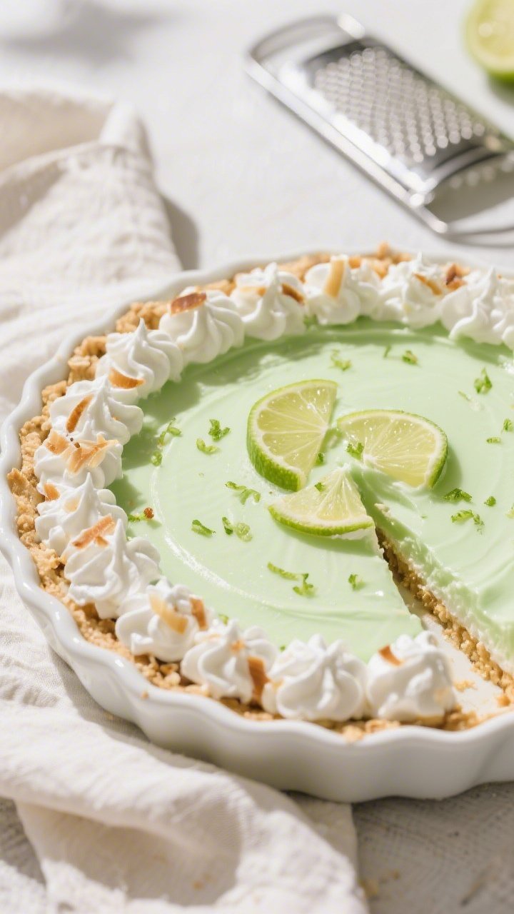 Overhead “tasty top view” of the fully set no-bake coconut lime freezer pie just out of the free