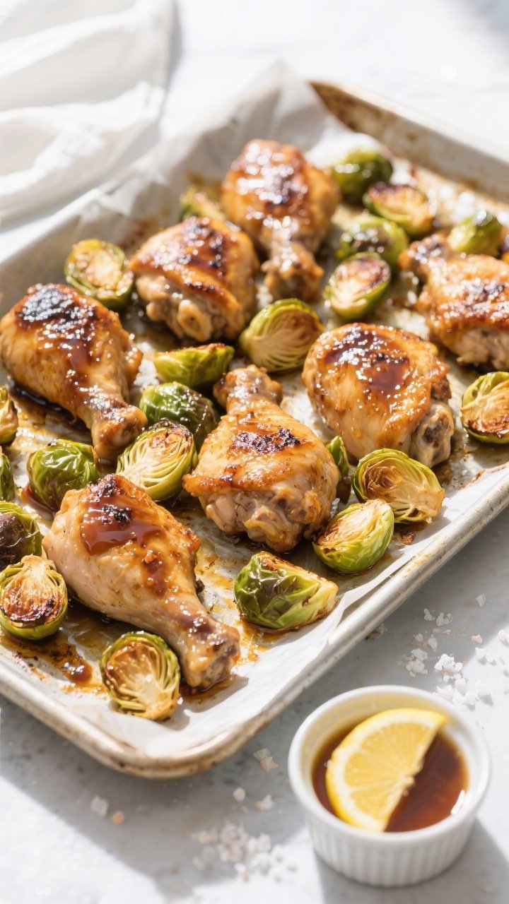 Overhead tasty top view: One-pan 3-ingredient chicken and Brussels sprouts post-roast on a large par