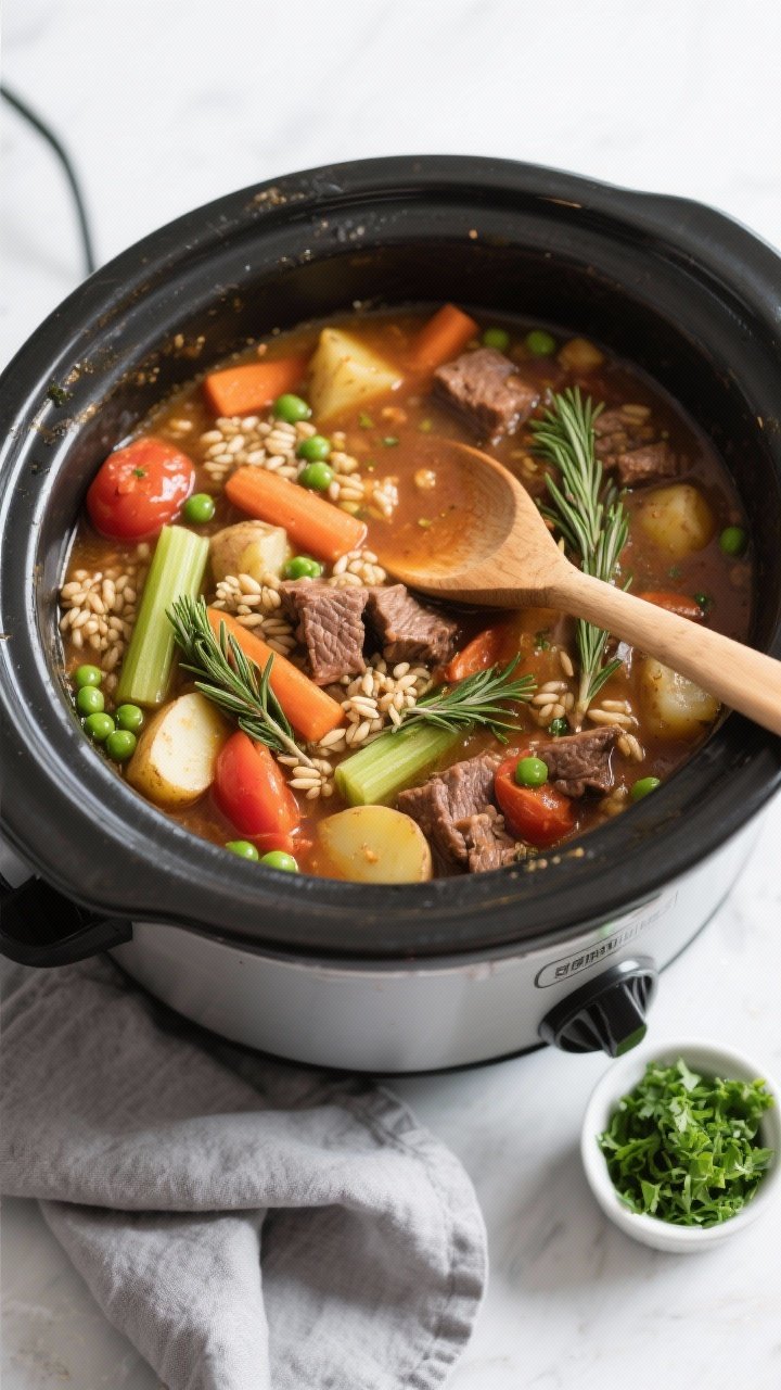 Overhead tasty top view: Top-down shot of the finished stew in the slow cooker insert with a wooden 