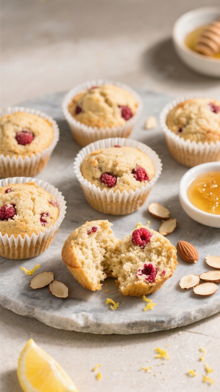 Overhead top-down shot of a breakfast scene with 6 Coconut Flour Raspberry Almond Muffins in white p