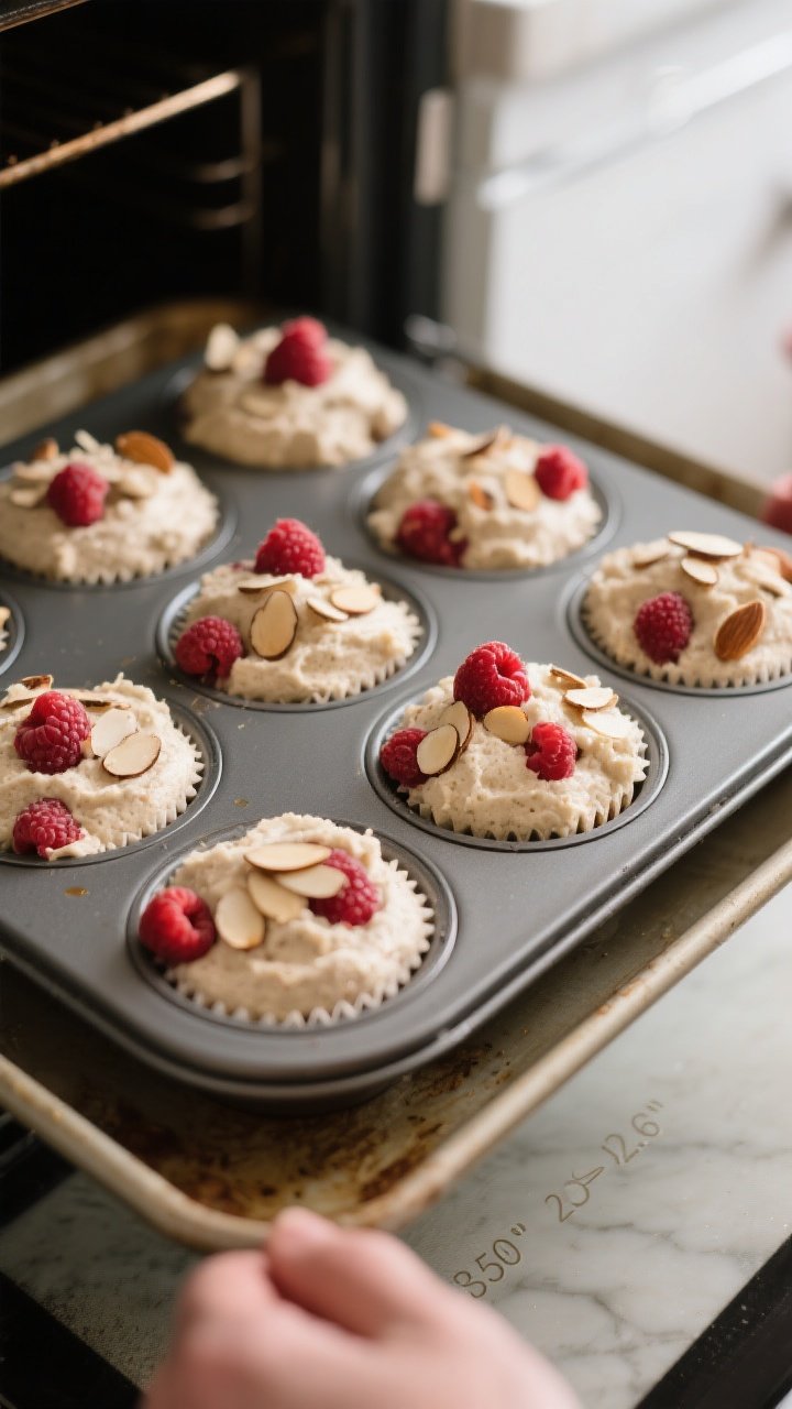 Process action shot: muffin tin filled 3/4 full with thick coconut-flour batter already folded with 