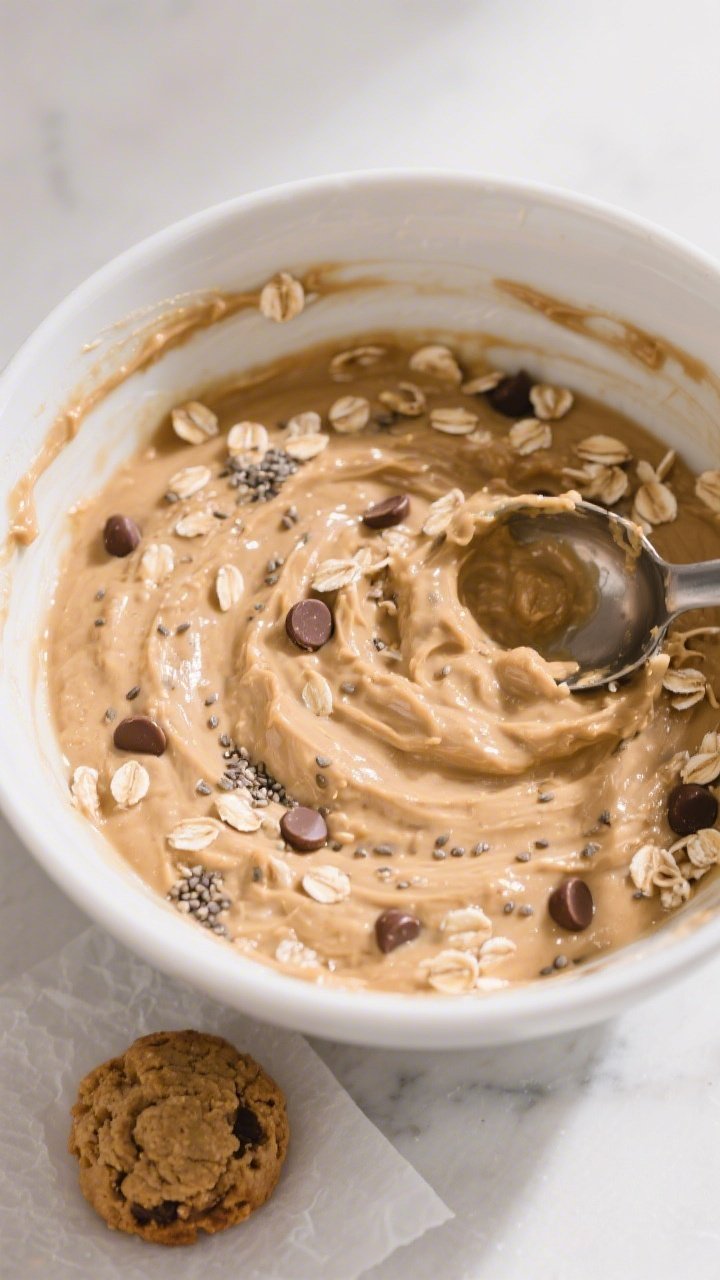 Process-focused bowl scene: thick, scoopable mixture in a wide white mixing bowl after resting, show