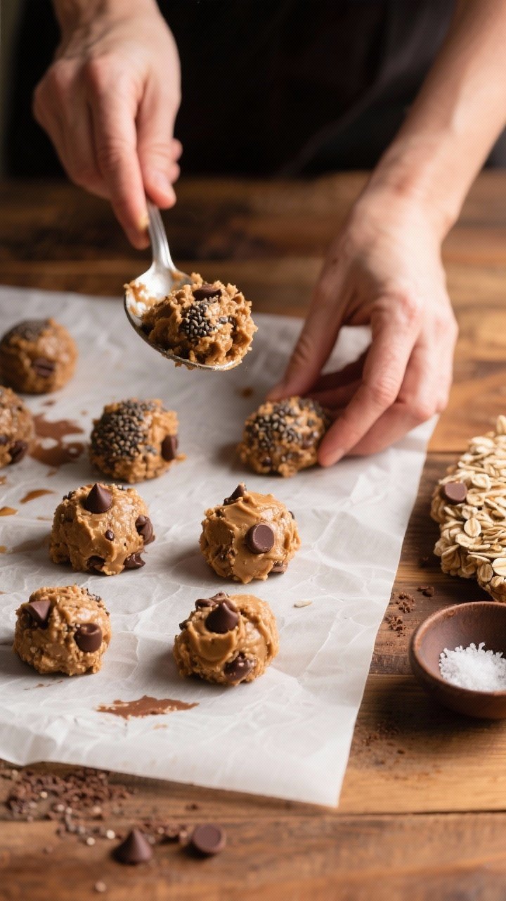 Process-in-action (prepared stage): The mixture being portioned and rolled—several perfectly forme