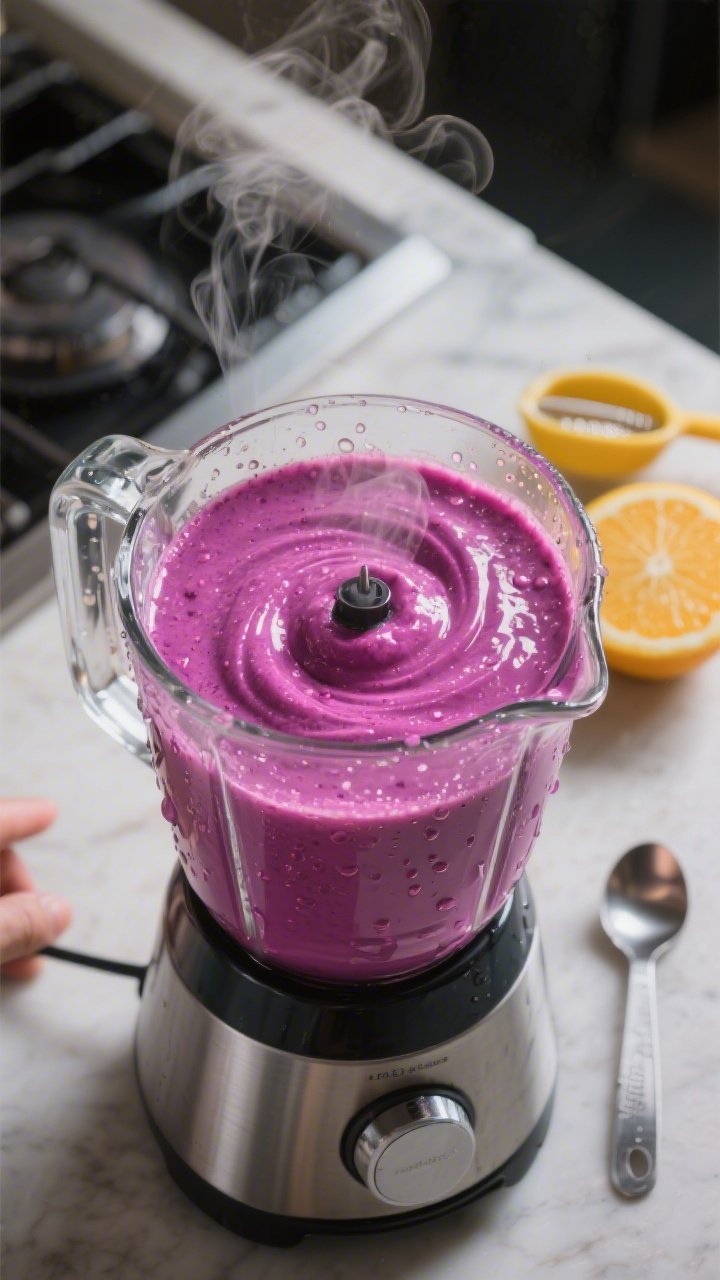 Process in action: The smoothie mid-blend in a high-speed blender jar, ingredients fully incorporate