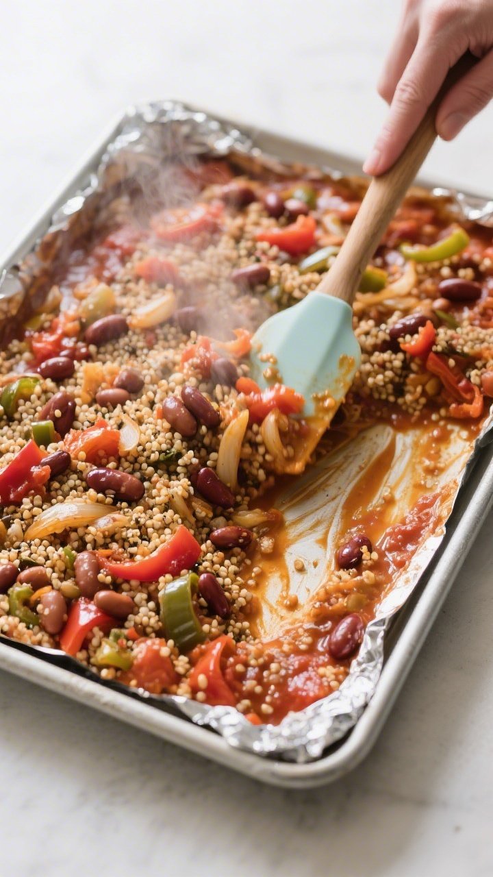 Process shot: the bake mid-cook after foil removal, being stirred in the pan to finish baking uncove