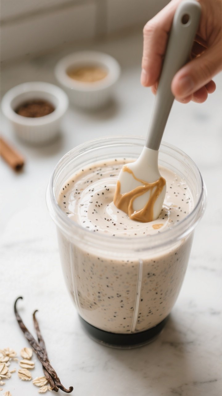 Process shot: the smoothie just after blending, shown in an open blender jar with a silky, milkshake