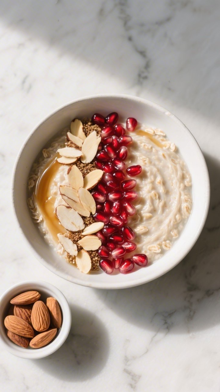 Tasty : Overhead shot of the finished oatmeal bowl showing distinct elements—creamy oats swirled w