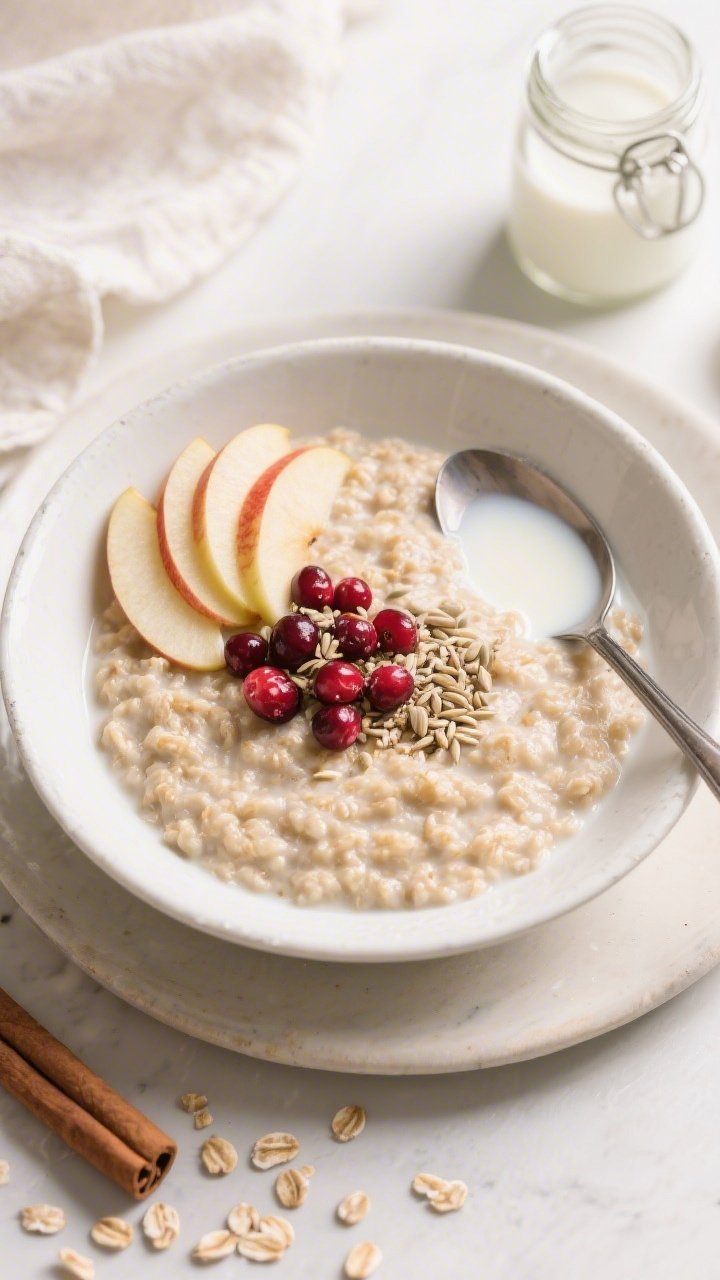 Tasty overhead shot with protein technique: of the finished oatmeal just after stirring in the pre-w
