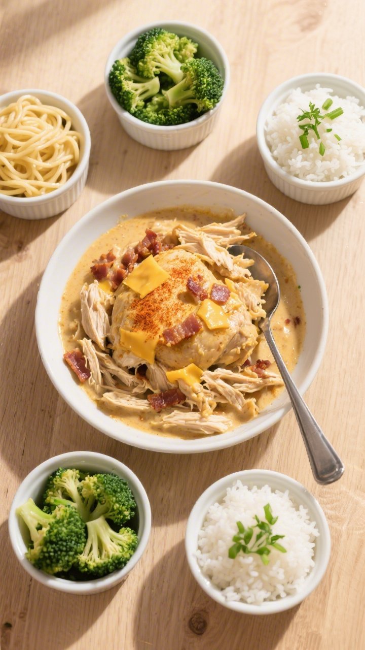 Tasty overhead spread: Top-down shot of the finished chicken served family-style—shallow bowl of c