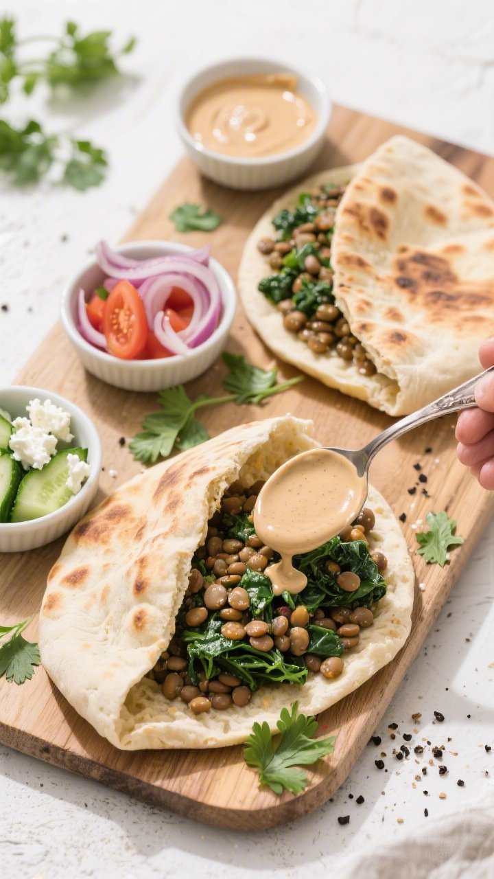 Tasty top-down meal-prep/assembly view: Overhead shot of a board with warmed pita halves filled gene