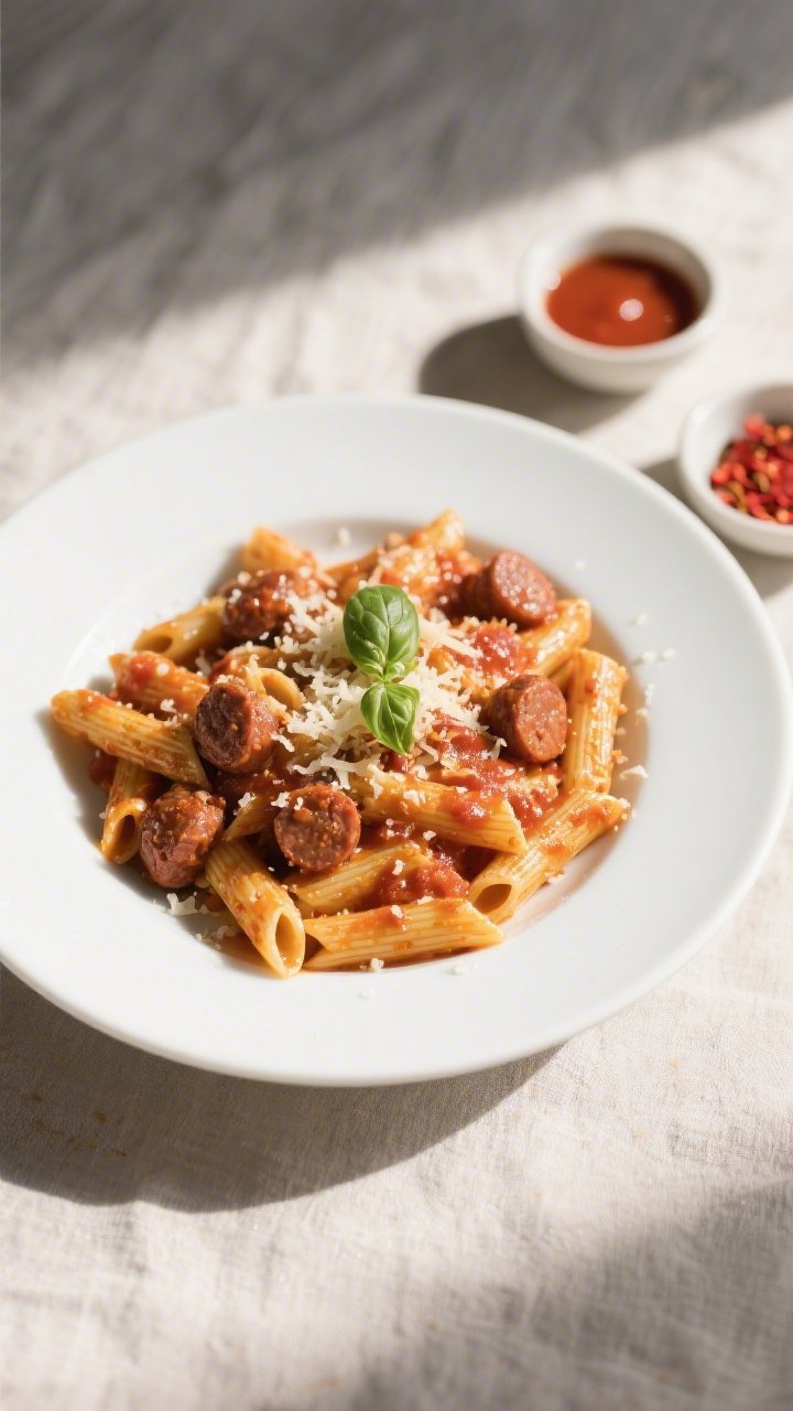 Tasty top view final plate: Overhead shot of a plated portion of the dump-and-bake pasta on a matte