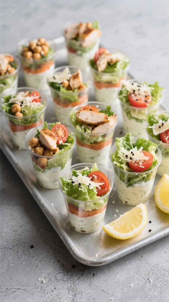 Tasty top view final presentation: Overhead shot of multiple prepped Greek Yogurt Caesar Veggie Cups