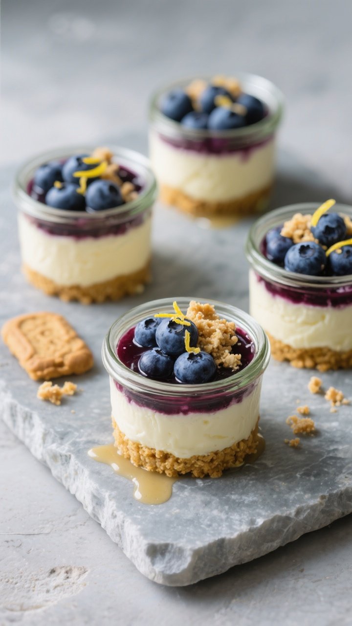 Tasty top-view final presentation: Overhead shot of fully assembled no-bake blueberry cheesecake jar