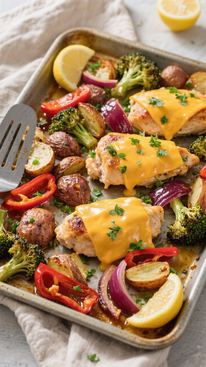 Tasty top view, final sheet pan: Overhead shot of the finished Cheddar Ranch Chicken Sheet Pan Dinne