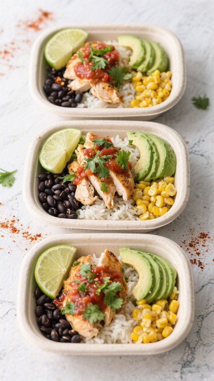 Tasty top view, meal-prep bowls: Overhead shot of three meal-prep bowls with salsa chicken, cilantro