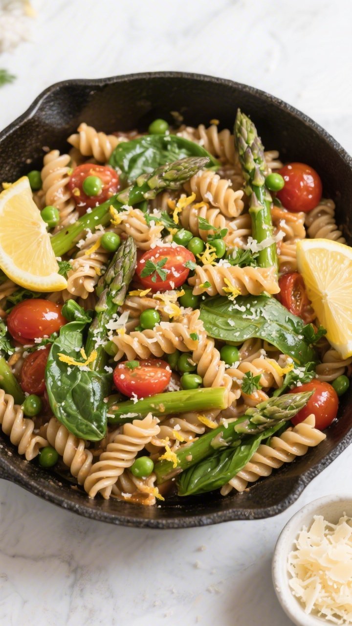Tasty top view, overhead family-style: Overhead shot of a large skillet filled with whole wheat fusi