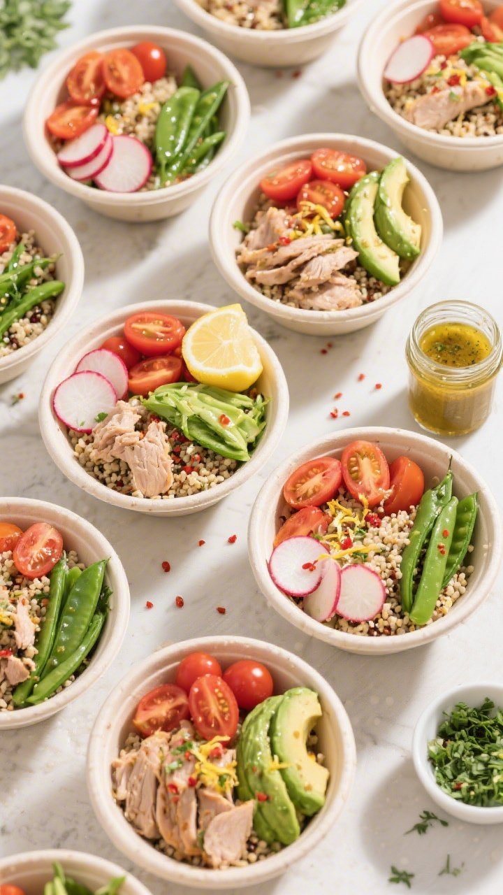 Tasty top view — Overhead meal-prep spread: Overhead shot of multiple assembled power bowls ready