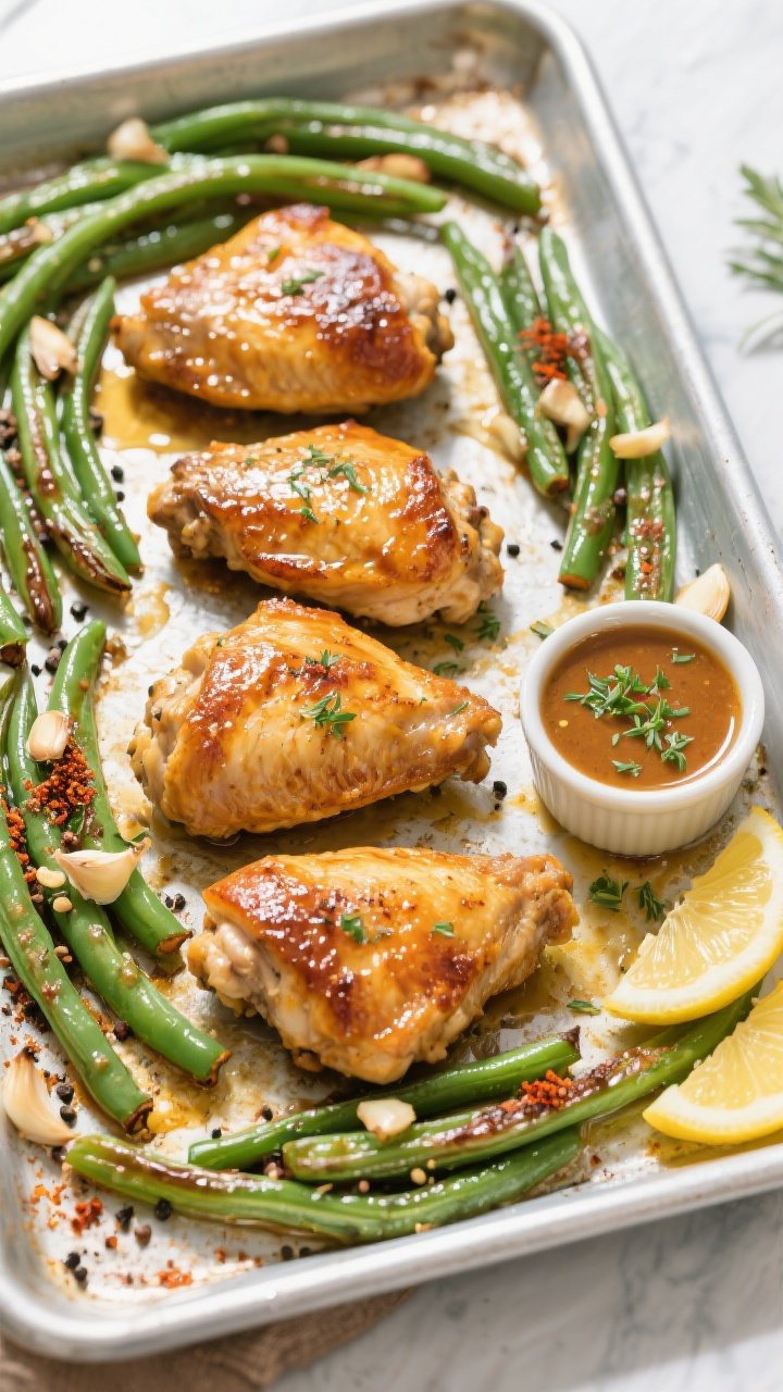 Tasty top view, overhead sheet-pan scene: Overhead shot of the completed one-pan honey mustard chick