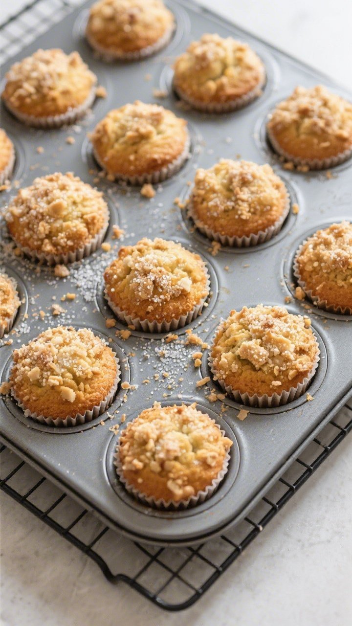 Tasty top view: Overhead shot of a 12-cup muffin tin just out of the oven, each muffin crowned with 