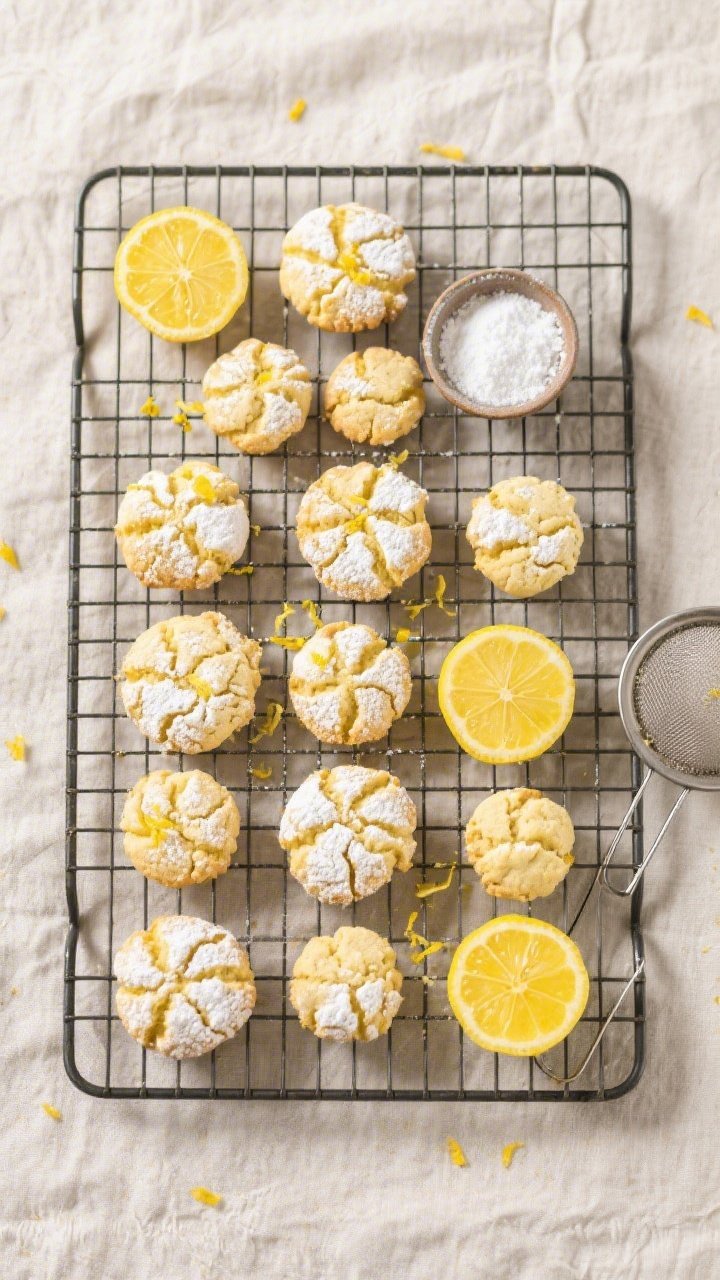 Tasty top view: overhead shot of a cooling rack filled with uniformly spaced lemon cookies, a few la