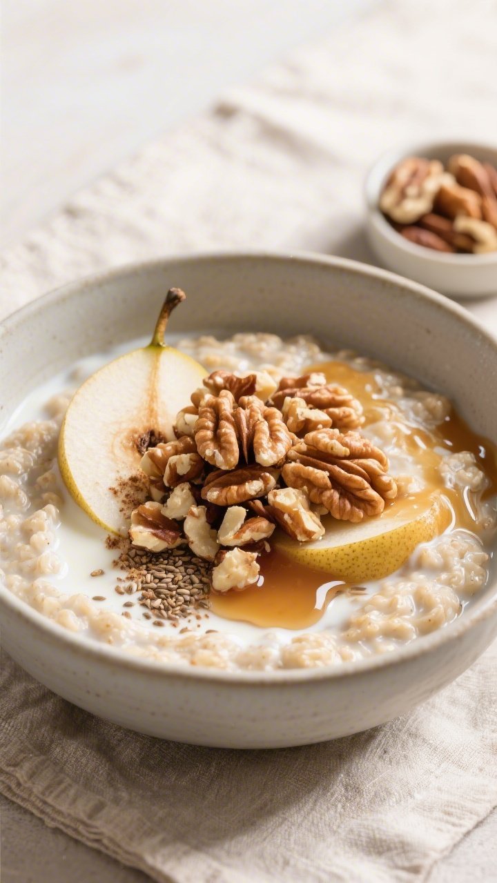Tasty top view: Overhead shot of a finished bowl of Pear Ginger Walnut Fiber-Rich Oatmeal topped wit
