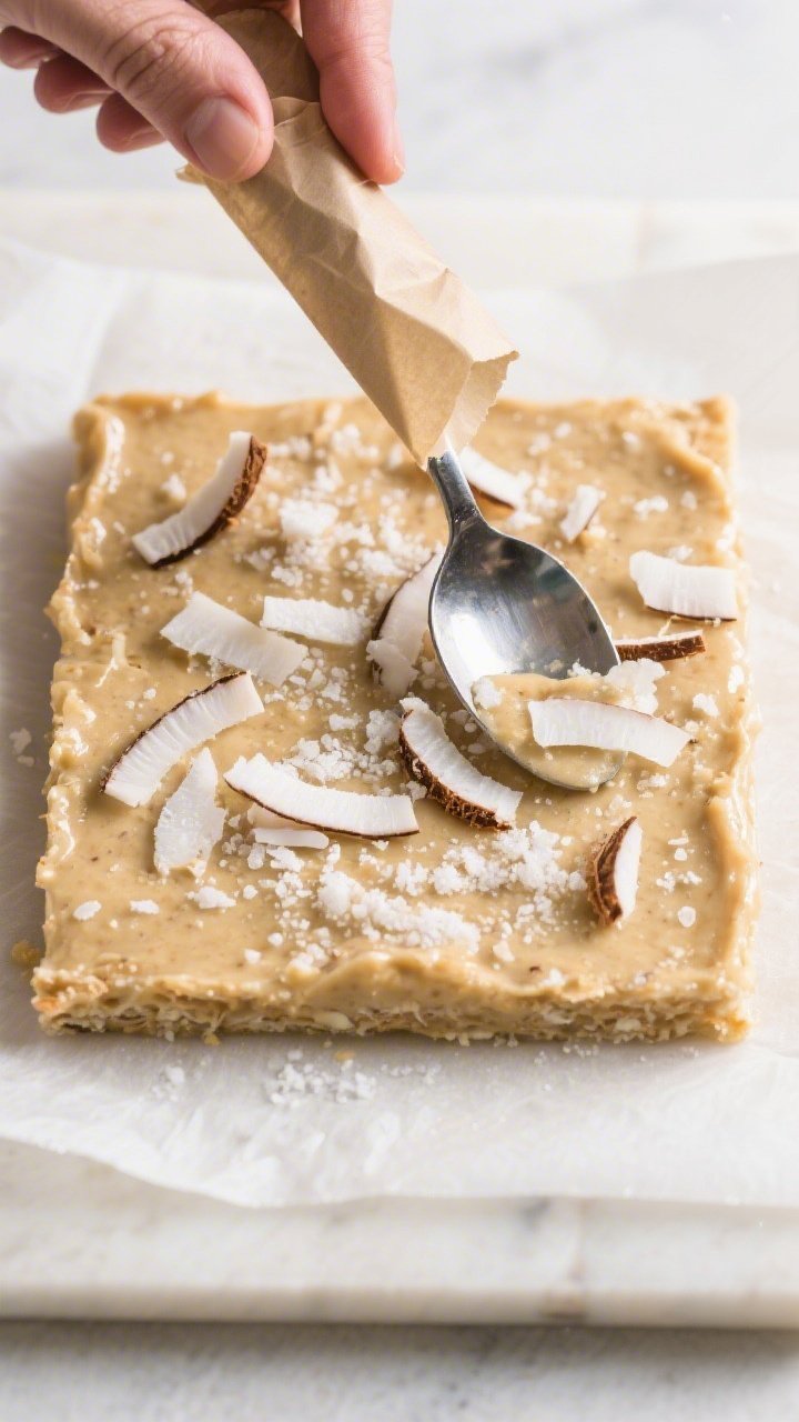 Tasty top view: Overhead shot of an 8x8 slab on parchment being pressed firmly with a piece of parch