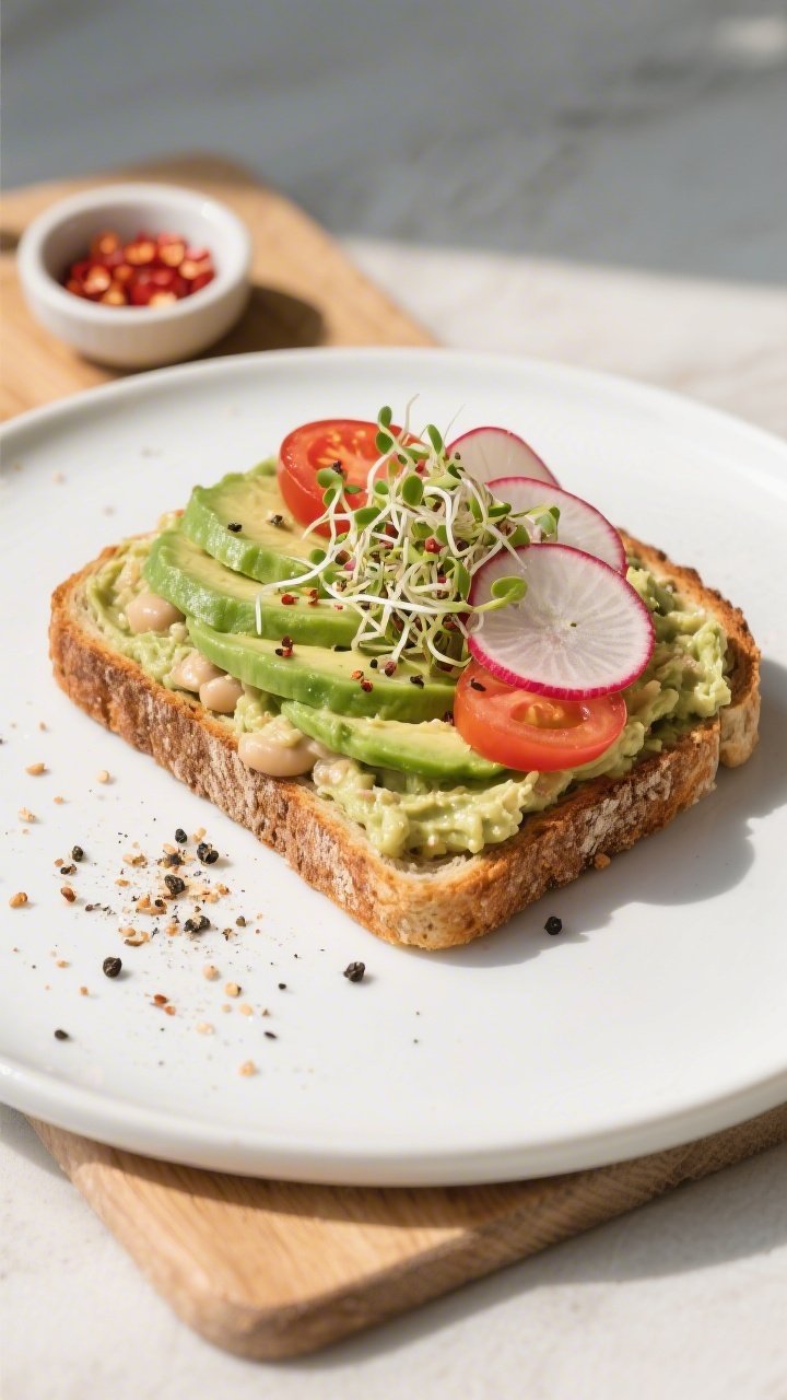 Tasty top view: Overhead shot of an open-faced Vegan Avocado White Bean Smash Sandwich on toasted so