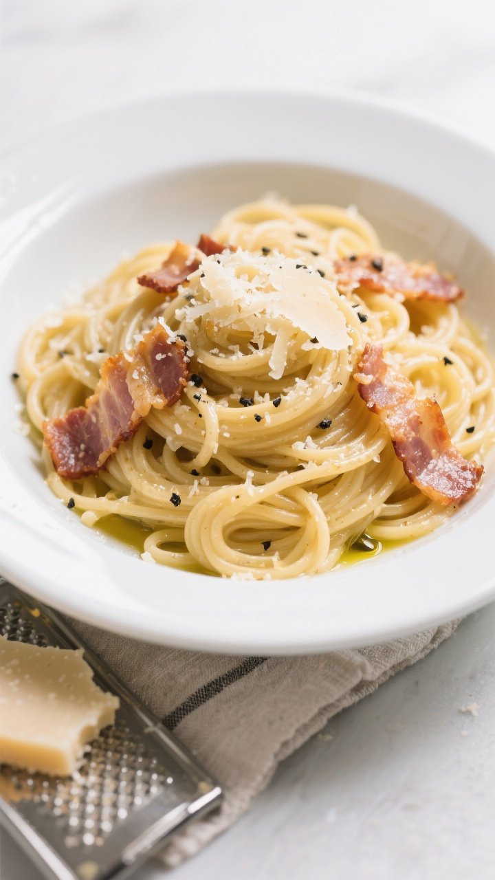 Tasty top view: Overhead shot of finished Spaghetti Carbonara in a wide white bowl, spaghetti twirle