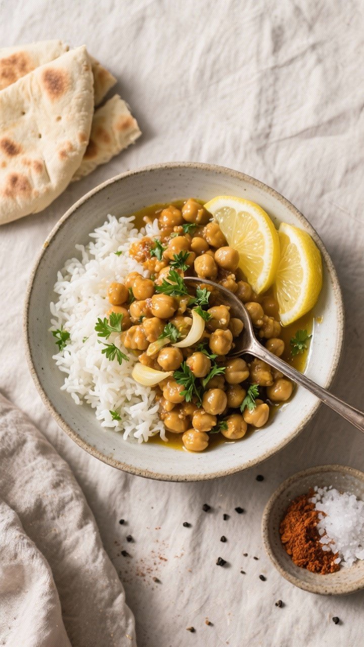 Tasty top view: Overhead shot of Lemon Garlic Chickpea Skillet spooned over fluffy white rice in a w