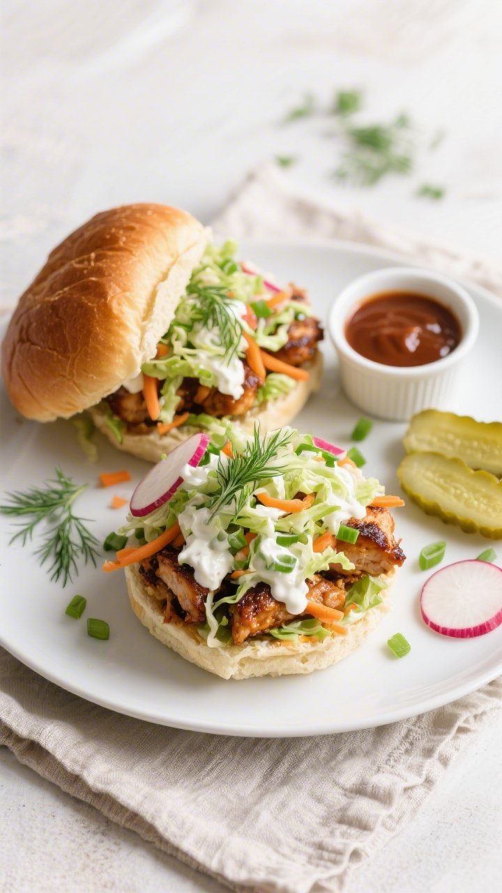 Tasty top view: Overhead shot of loaded BBQ chicken sandwiches on lightly toasted brioche buns, heap