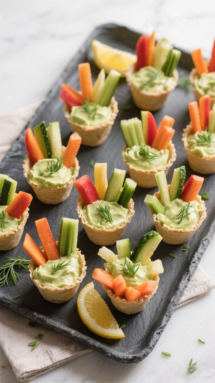 Tasty top view: Overhead shot of multiple assembled veggie cups arranged on a slate serving tray, ea