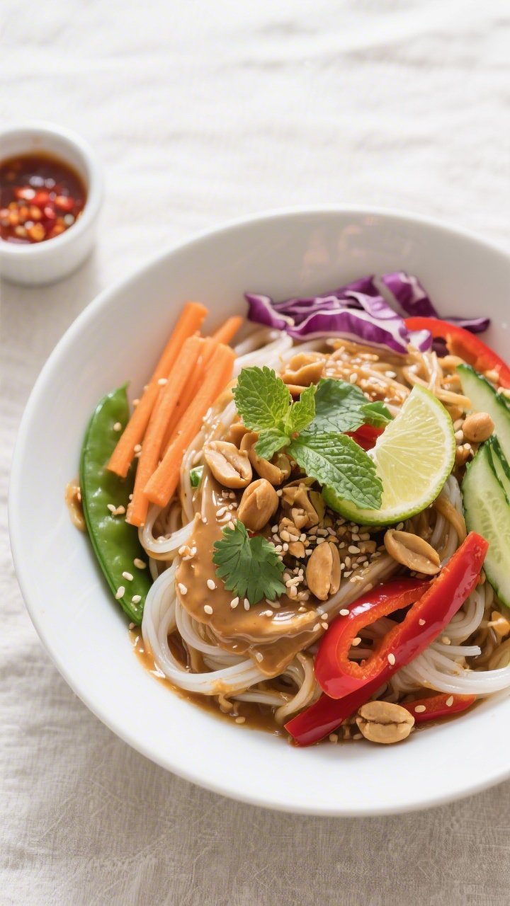 Tasty top view: Overhead shot of Thai Peanut Noodle Veggie Bowl—rice noodles generously coated in