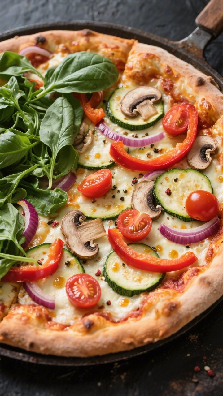 Tasty top view: Overhead shot of the baked healthy veggie pizza just out of the oven—thin, crisp c