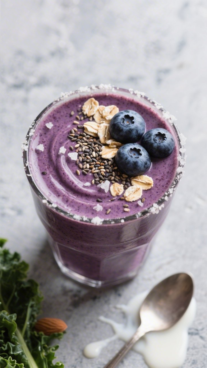 Tasty top view: Overhead shot of the final Blueberry Kale Fiber Boost Smoothie in a wide-mouth glass