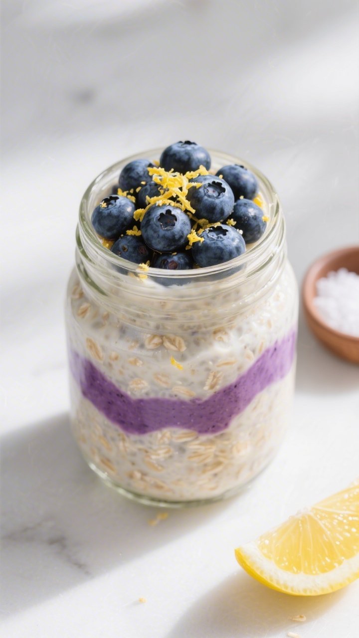 Tasty top view: Overhead shot of the final jarred Lemon Blueberry High-Fiber Overnight Oats, neatly