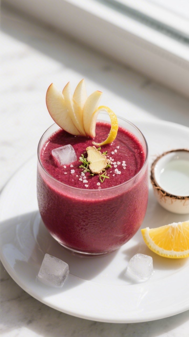 Tasty top view: Overhead shot of the finished Apple Beet Detox Smoothie served in a wide, low tumble