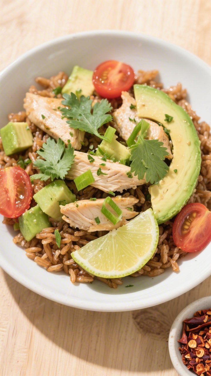 Tasty top view: Overhead shot of the finished Avocado Chicken Bowl served over warm brown rice, topp