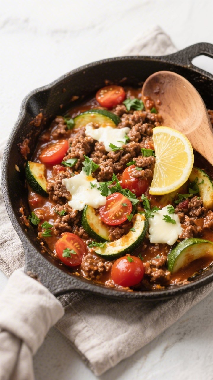 Tasty top view: Overhead shot of the finished Ground Beef & Zucchini Skillet just off the heat, sauc