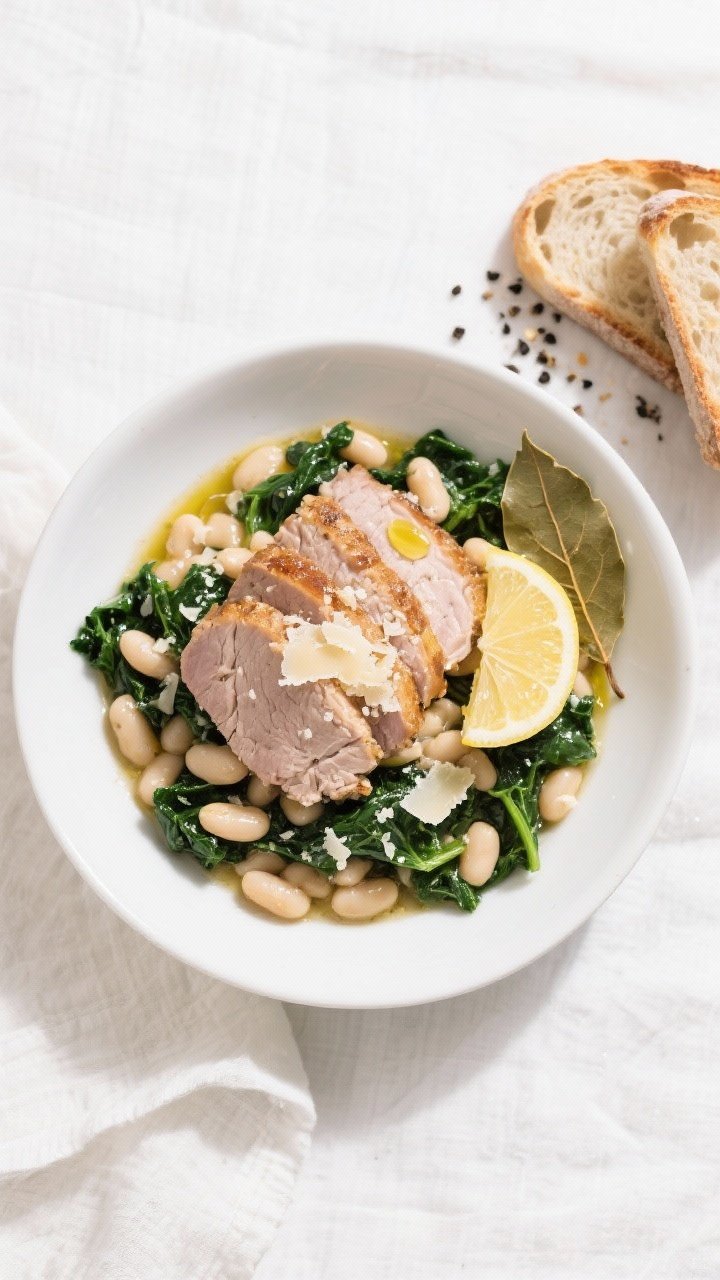 Tasty top view: Overhead shot of the finished Slow Cooker Pork Tenderloin with White Beans & Kale la