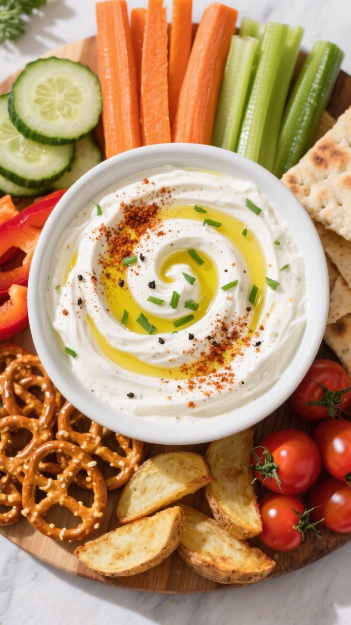 Tasty top view: Overhead shot of the finished Smoky BBQ Ranch Greek Yogurt Dip in a wide, shallow wh